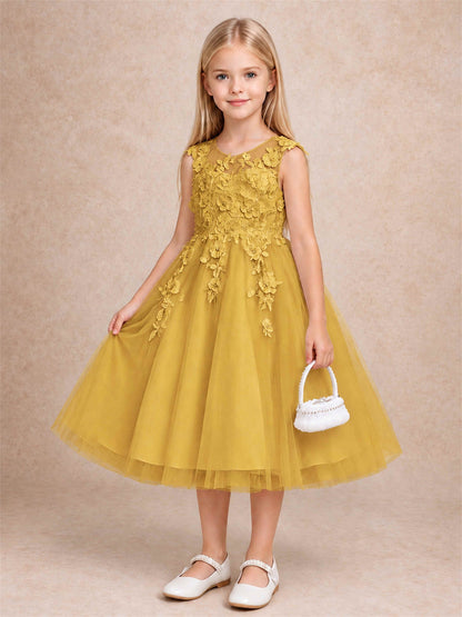 Girls 3D Floral Lace Tulle Flower Girl Dress Sleeveless Princess Gown for Wedding Birthday Party