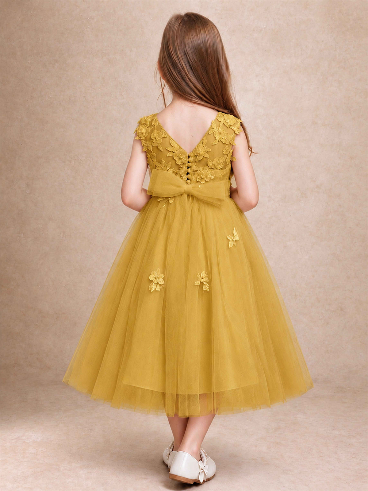 Girls 3D Floral Lace Tulle Flower Girl Dress Sleeveless Princess Gown for Wedding Birthday Party