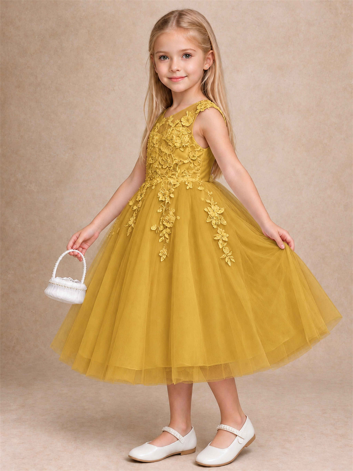 Girls 3D Floral Lace Tulle Flower Girl Dress Sleeveless Princess Gown for Wedding Birthday Party