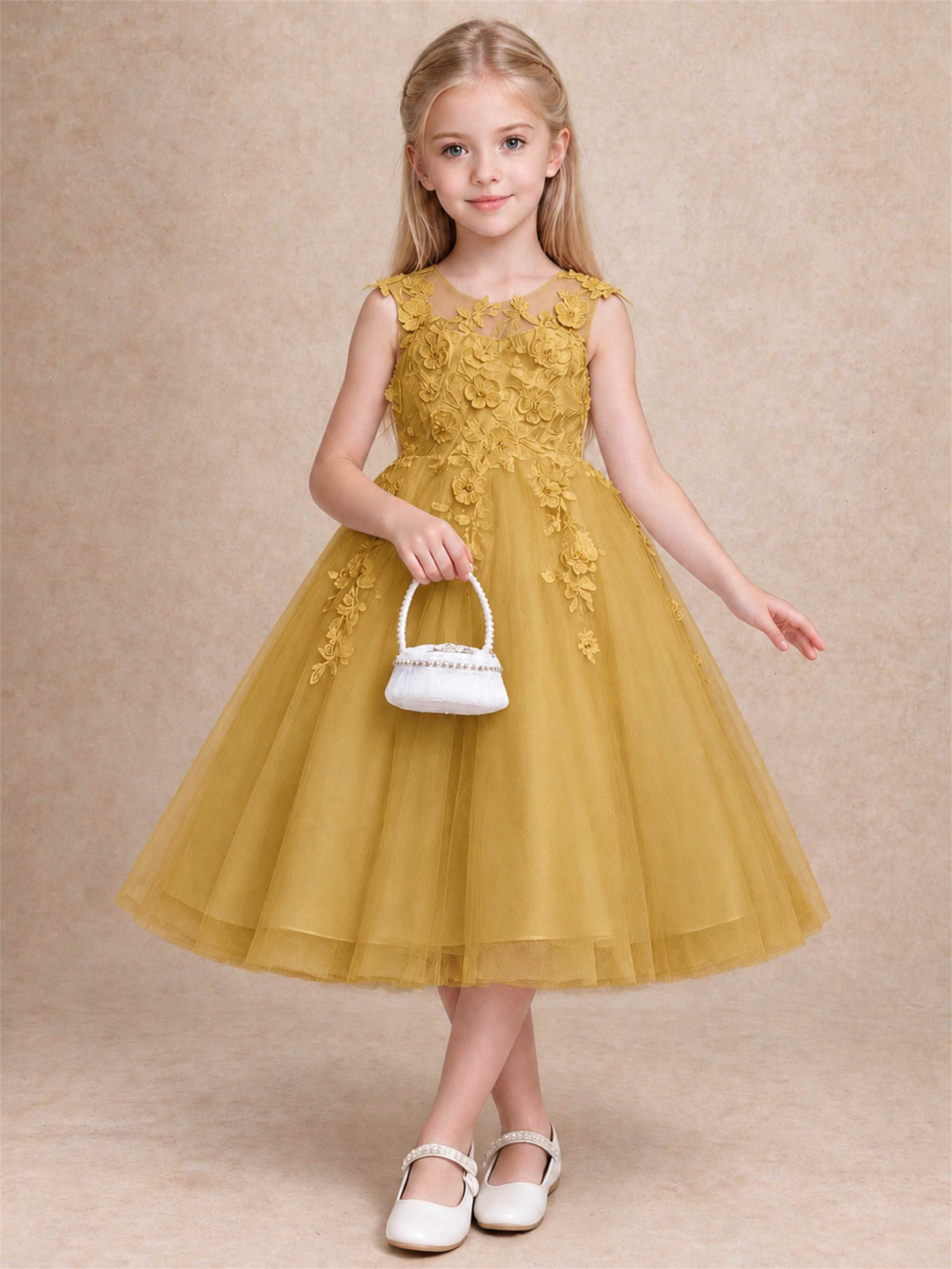 Girls 3D Floral Lace Tulle Flower Girl Dress Sleeveless Princess Gown for Wedding Birthday Party