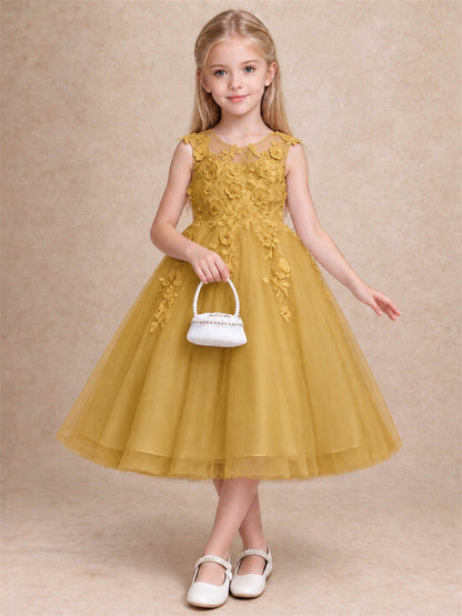 Girls 3D Floral Lace Tulle Flower Girl Dress Sleeveless Princess Gown for Wedding Birthday Party