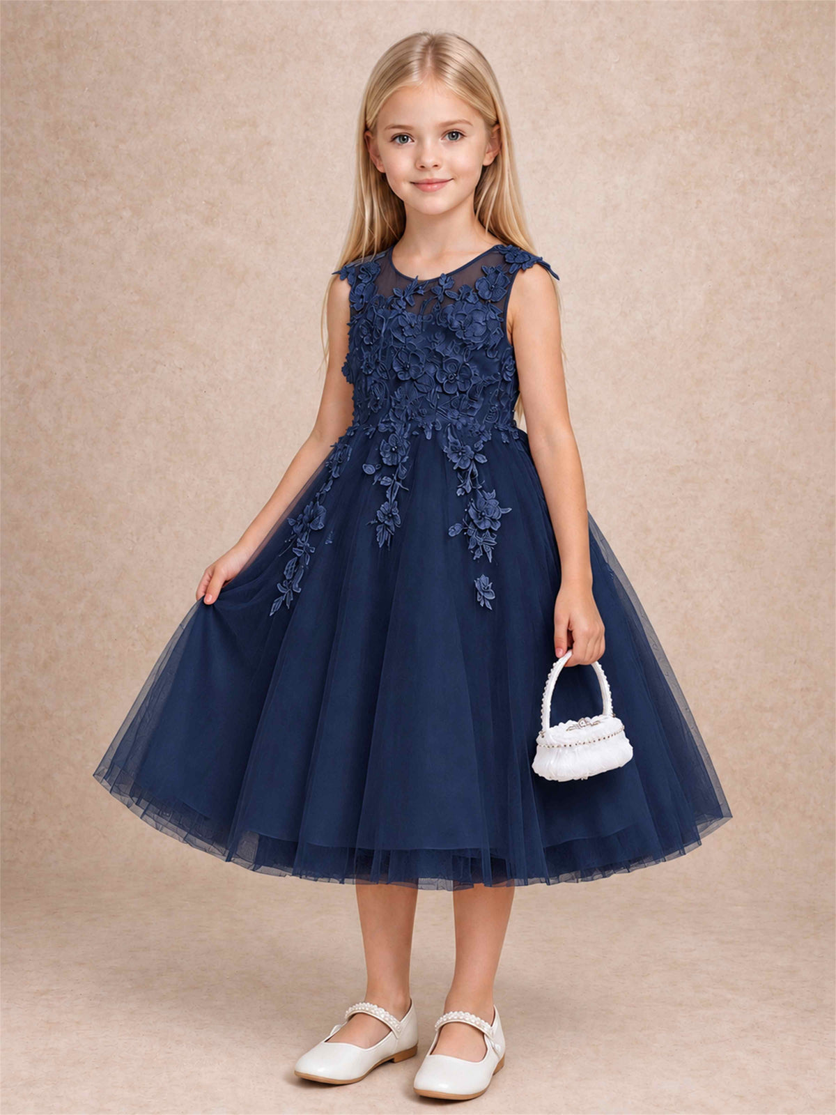 Girls 3D Floral Lace Tulle Flower Girl Dress Sleeveless Princess Gown for Wedding Birthday Party