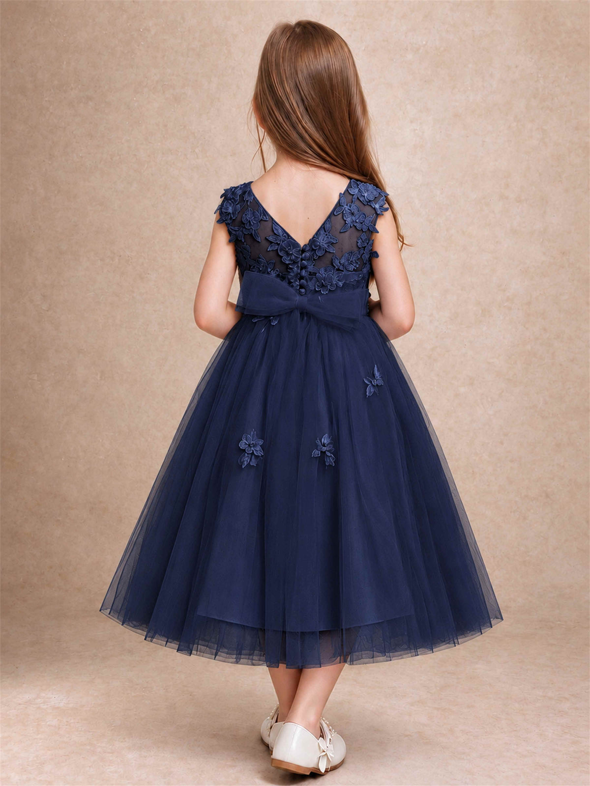Girls 3D Floral Lace Tulle Flower Girl Dress Sleeveless Princess Gown for Wedding Birthday Party