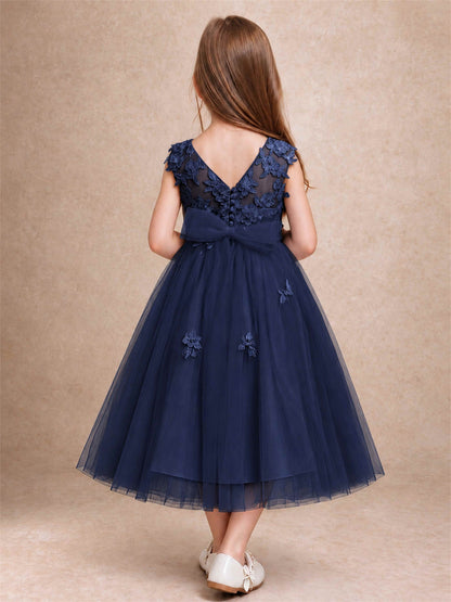 Girls 3D Floral Lace Tulle Flower Girl Dress Sleeveless Princess Gown for Wedding Birthday Party