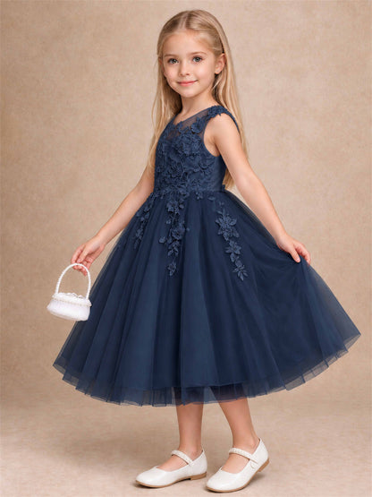 Girls 3D Floral Lace Tulle Flower Girl Dress Sleeveless Princess Gown for Wedding Birthday Party