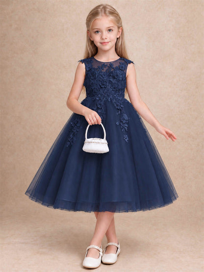 Girls 3D Floral Lace Tulle Flower Girl Dress Sleeveless Princess Gown for Wedding Birthday Party