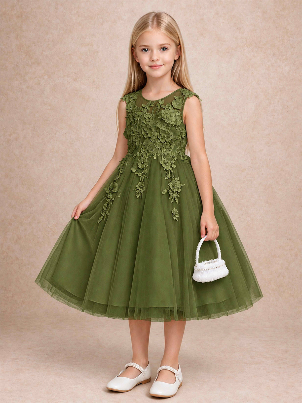 Girls 3D Floral Lace Tulle Flower Girl Dress Sleeveless Princess Gown for Wedding Birthday Party