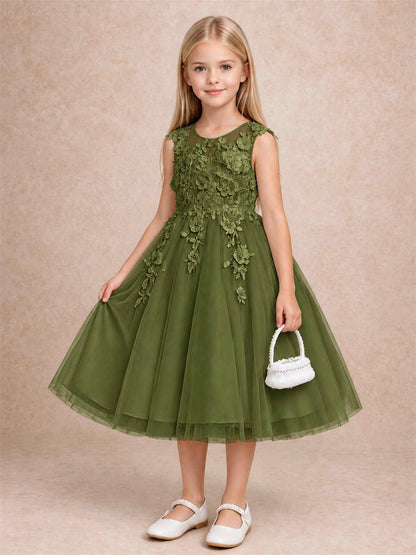 Girls 3D Floral Lace Tulle Flower Girl Dress Sleeveless Princess Gown for Wedding Birthday Party