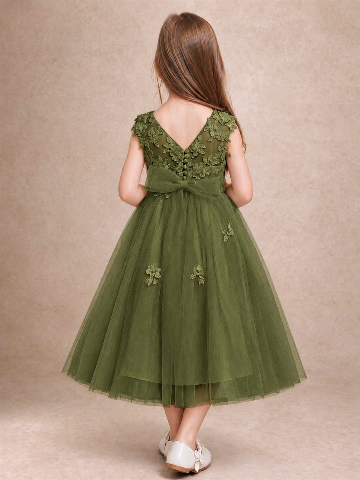 Girls 3D Floral Lace Tulle Flower Girl Dress Sleeveless Princess Gown for Wedding Birthday Party