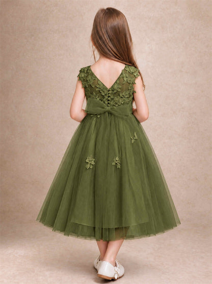 Girls 3D Floral Lace Tulle Flower Girl Dress Sleeveless Princess Gown for Wedding Birthday Party