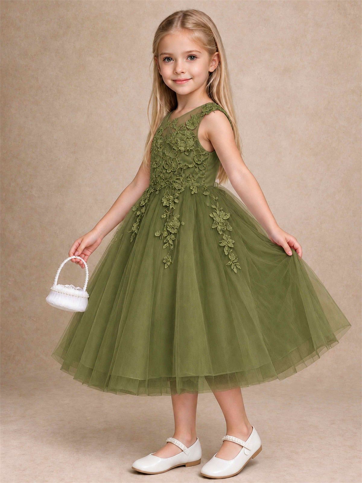 Girls 3D Floral Lace Tulle Flower Girl Dress Sleeveless Princess Gown for Wedding Birthday Party