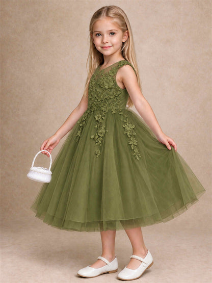 Girls 3D Floral Lace Tulle Flower Girl Dress Sleeveless Princess Gown for Wedding Birthday Party