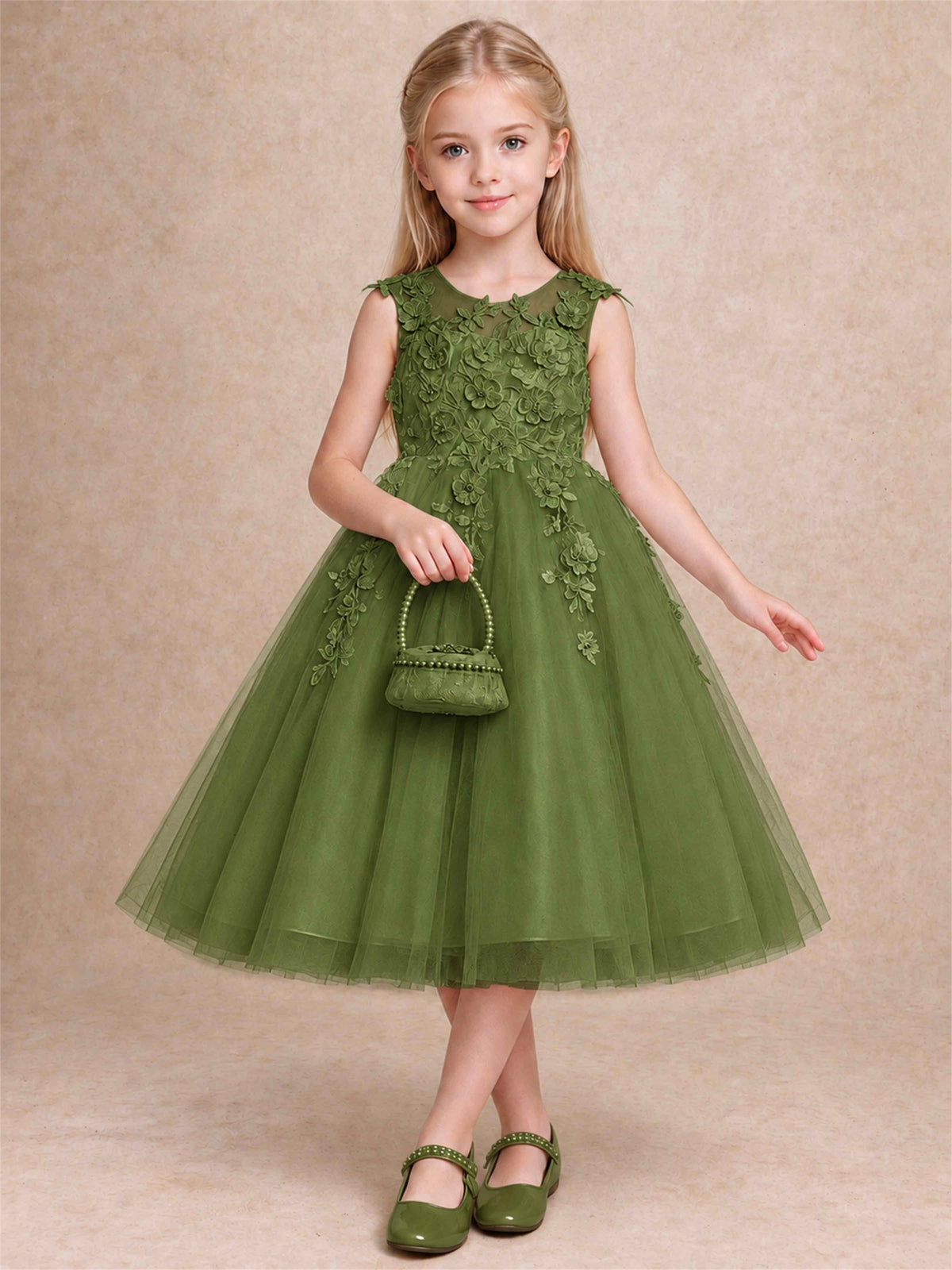 Girls 3D Floral Lace Tulle Flower Girl Dress Sleeveless Princess Gown for Wedding Birthday Party