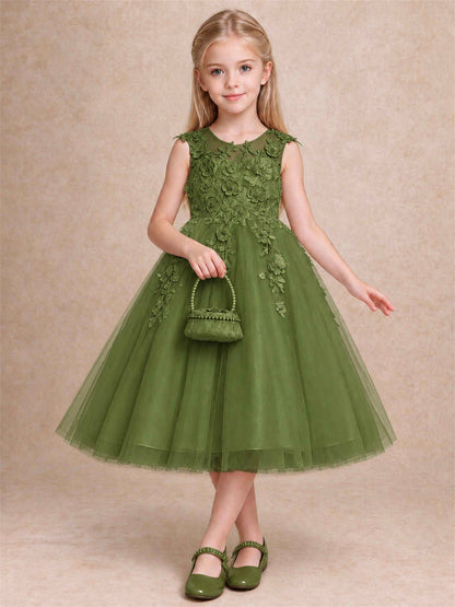 Girls 3D Floral Lace Tulle Flower Girl Dress Sleeveless Princess Gown for Wedding Birthday Party