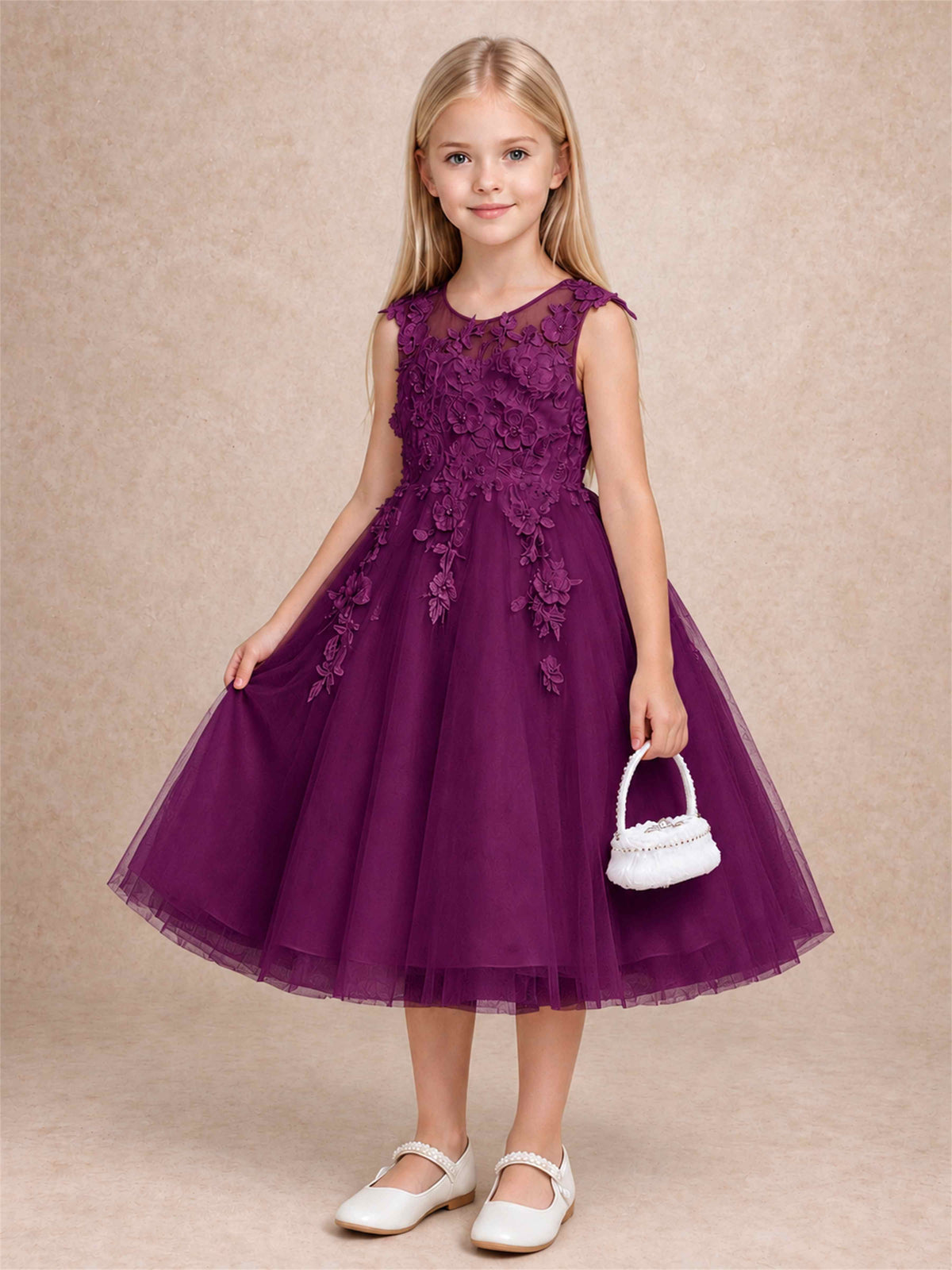Girls 3D Floral Lace Tulle Flower Girl Dress Sleeveless Princess Gown for Wedding Birthday Party