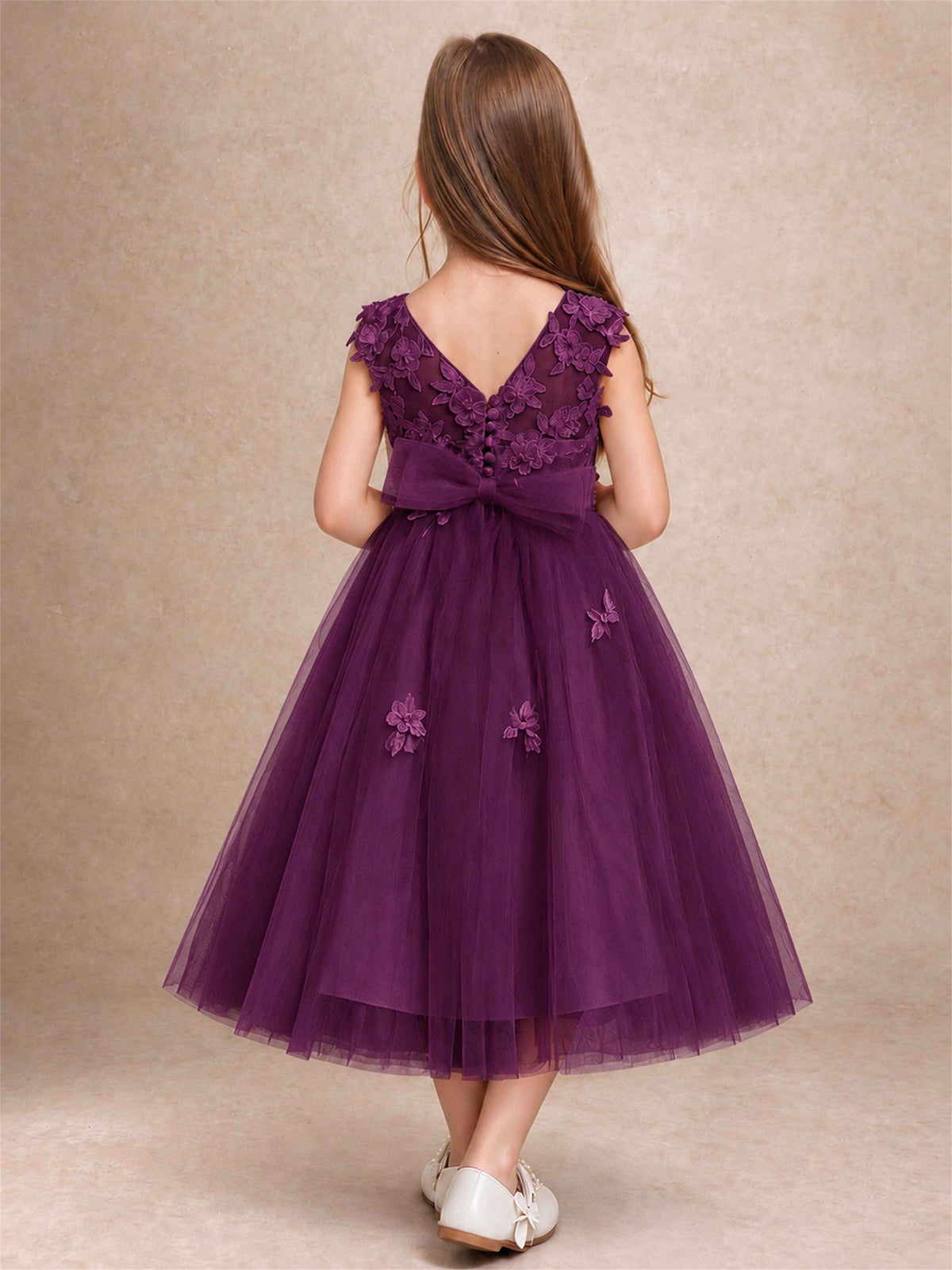 Girls 3D Floral Lace Tulle Flower Girl Dress Sleeveless Princess Gown for Wedding Birthday Party
