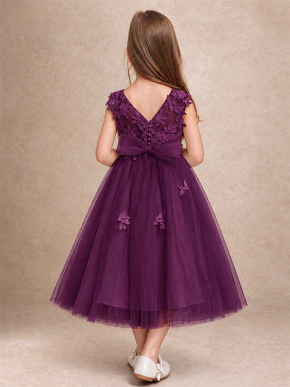 Girls 3D Floral Lace Tulle Flower Girl Dress Sleeveless Princess Gown for Wedding Birthday Party