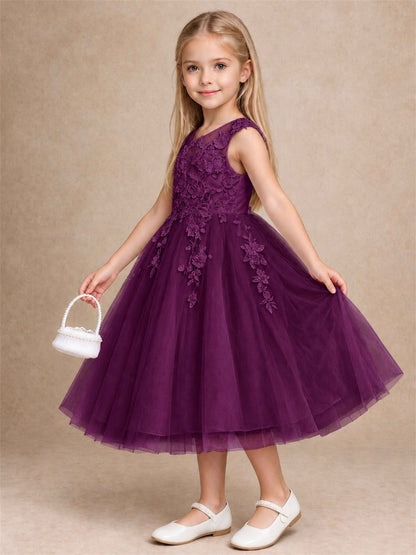 Girls 3D Floral Lace Tulle Flower Girl Dress Sleeveless Princess Gown for Wedding Birthday Party