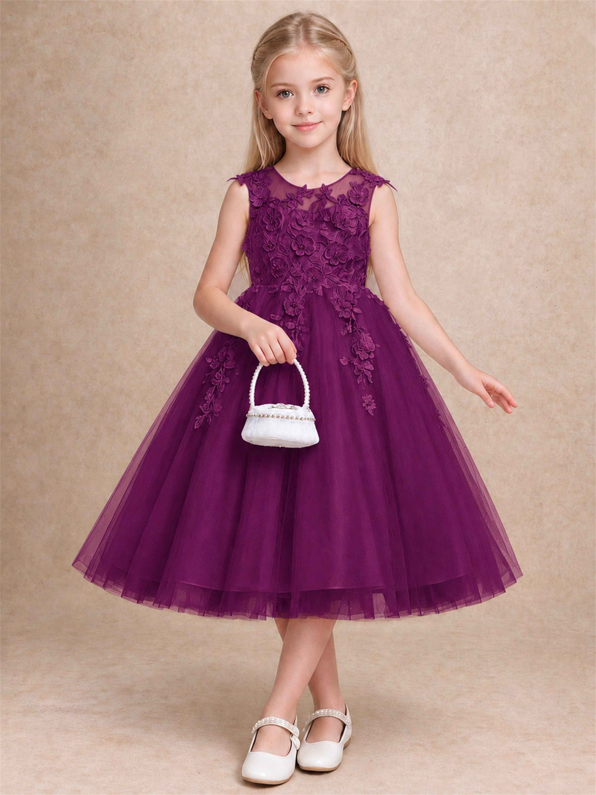 Girls 3D Floral Lace Tulle Flower Girl Dress Sleeveless Princess Gown for Wedding Birthday Party