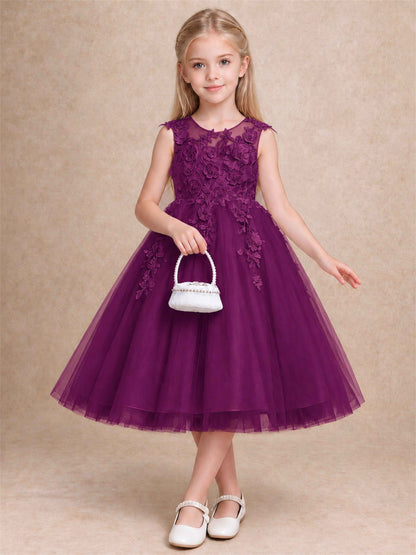 Girls 3D Floral Lace Tulle Flower Girl Dress Sleeveless Princess Gown for Wedding Birthday Party