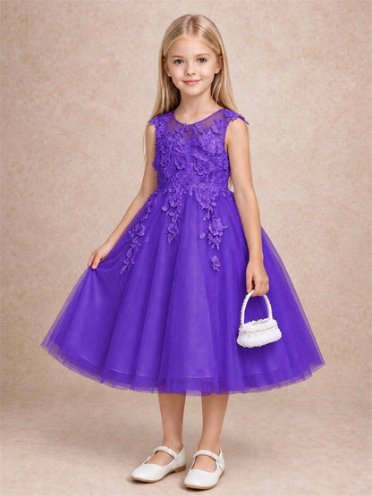 Girls 3D Floral Lace Tulle Flower Girl Dress Sleeveless Princess Gown for Wedding Birthday Party