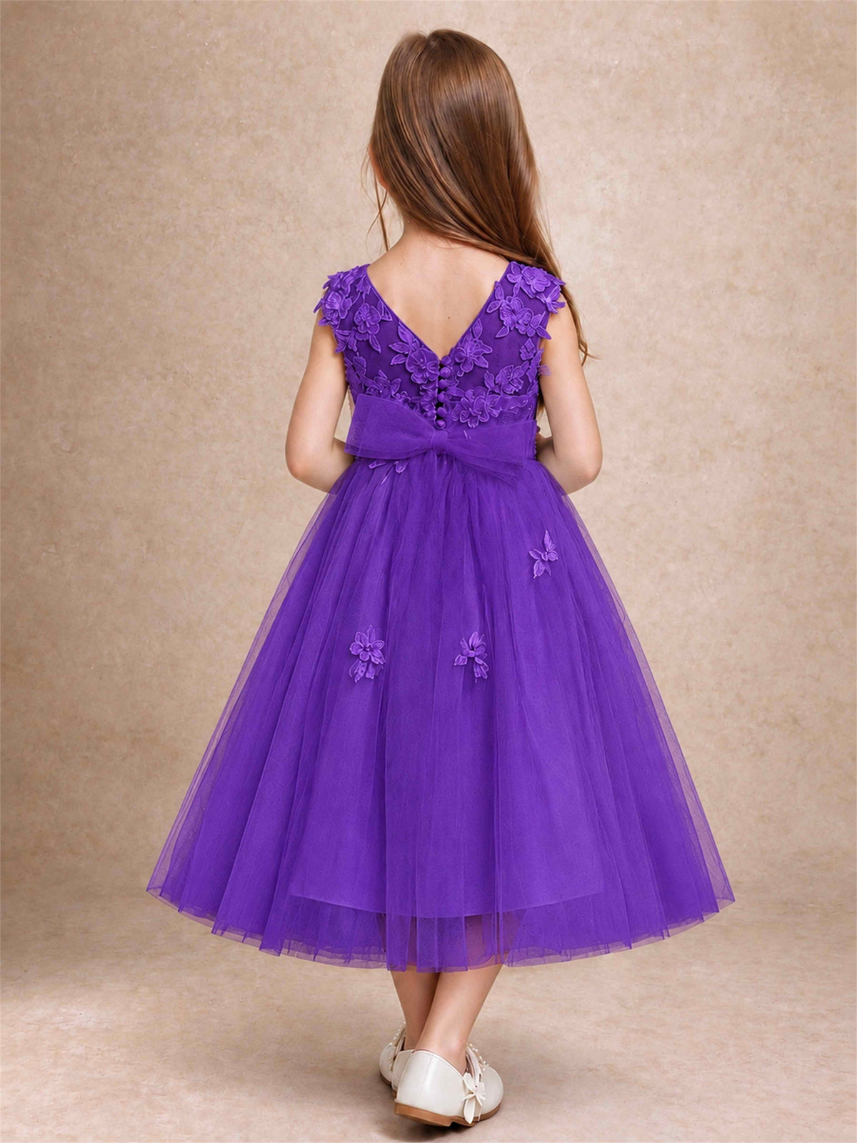 Girls 3D Floral Lace Tulle Flower Girl Dress Sleeveless Princess Gown for Wedding Birthday Party