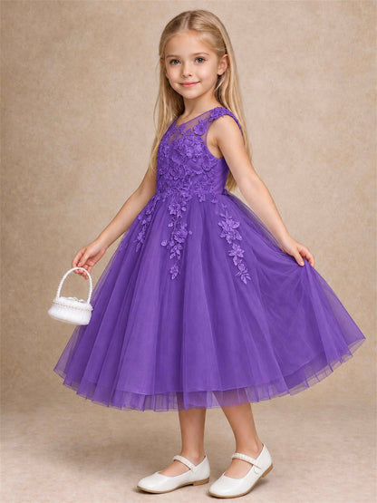 Girls 3D Floral Lace Tulle Flower Girl Dress Sleeveless Princess Gown for Wedding Birthday Party