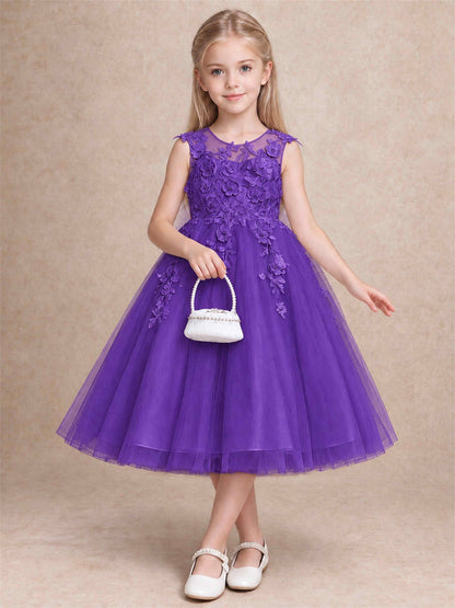 Girls 3D Floral Lace Tulle Flower Girl Dress Sleeveless Princess Gown for Wedding Birthday Party