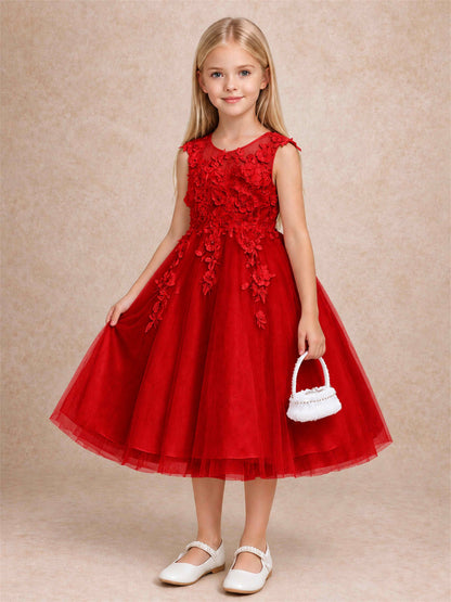 Girls 3D Floral Lace Tulle Flower Girl Dress Sleeveless Princess Gown for Wedding Birthday Party