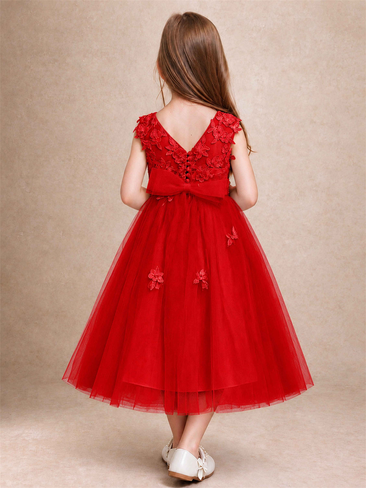 Girls 3D Floral Lace Tulle Flower Girl Dress Sleeveless Princess Gown for Wedding Birthday Party
