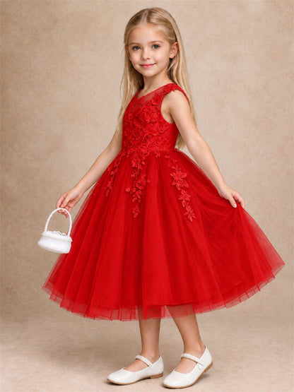 Girls 3D Floral Lace Tulle Flower Girl Dress Sleeveless Princess Gown for Wedding Birthday Party
