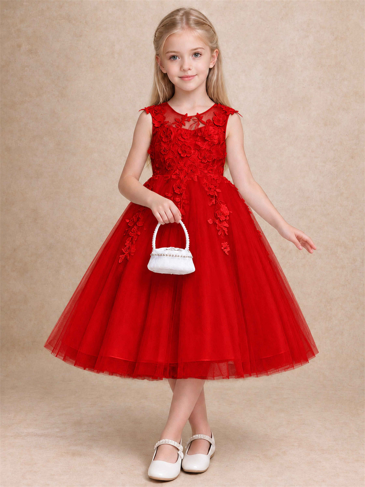 Girls 3D Floral Lace Tulle Flower Girl Dress Sleeveless Princess Gown for Wedding Birthday Party