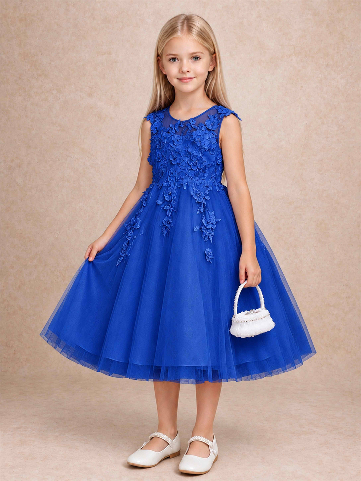 Girls 3D Floral Lace Tulle Flower Girl Dress Sleeveless Princess Gown for Wedding Birthday Party