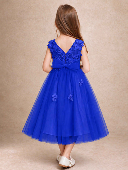 Girls 3D Floral Lace Tulle Flower Girl Dress Sleeveless Princess Gown for Wedding Birthday Party