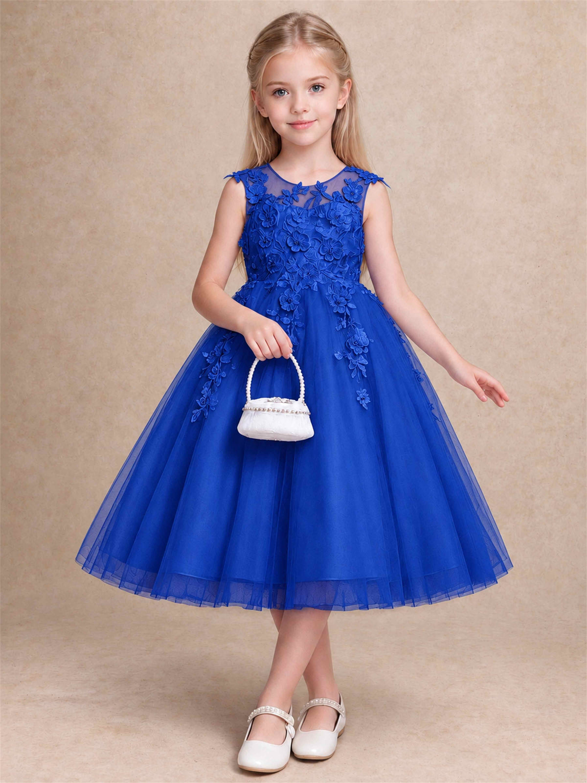 Girls 3D Floral Lace Tulle Flower Girl Dress Sleeveless Princess Gown for Wedding Birthday Party