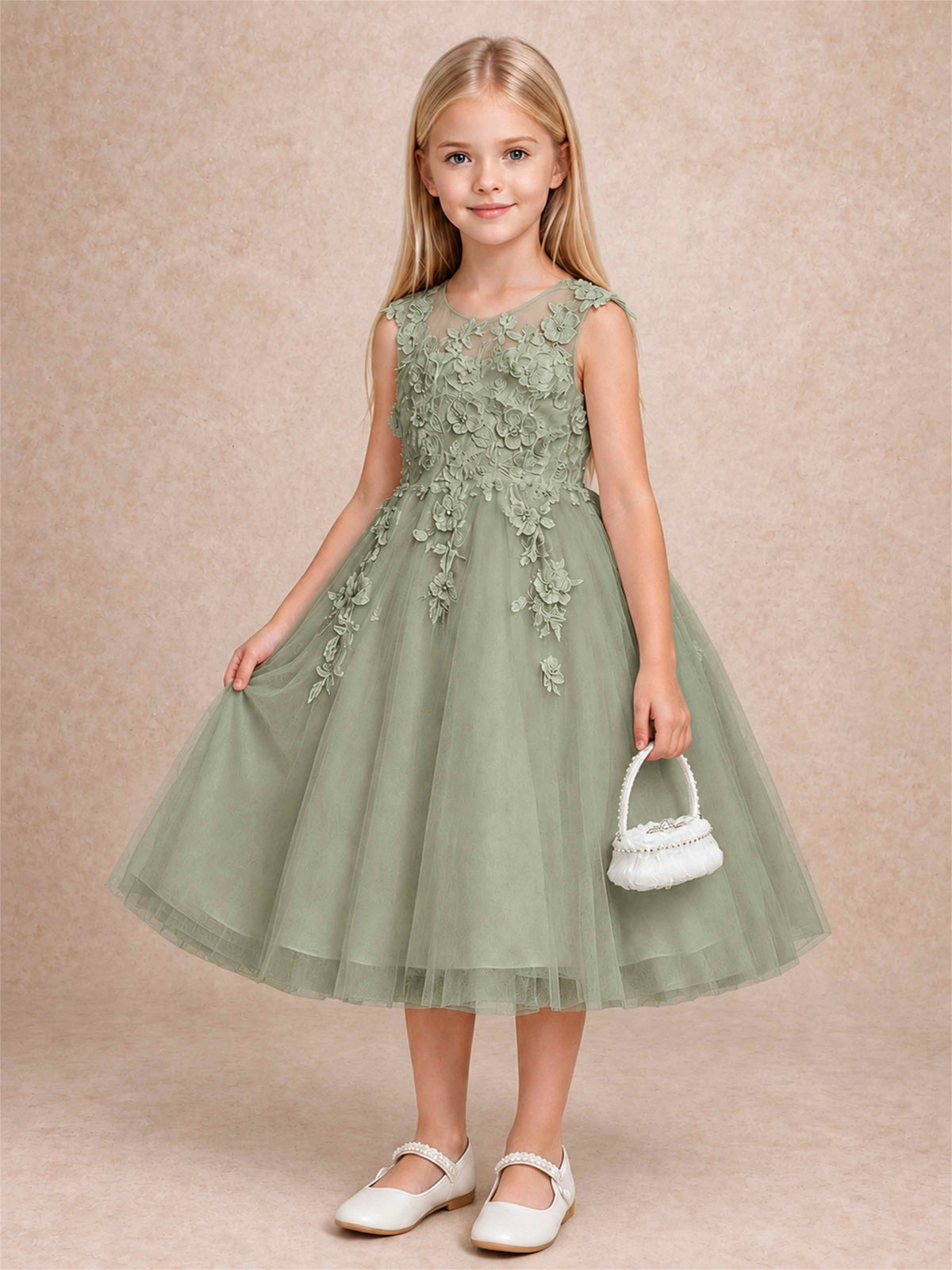 Girls 3D Floral Lace Tulle Flower Girl Dress Sleeveless Princess Gown for Wedding Birthday Party