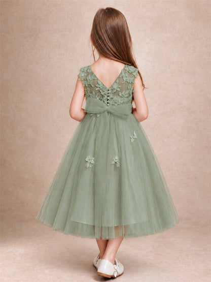 Girls 3D Floral Lace Tulle Flower Girl Dress Sleeveless Princess Gown for Wedding Birthday Party