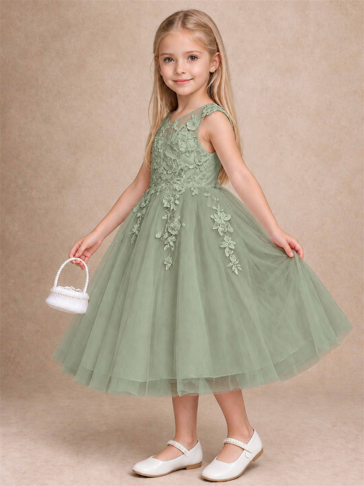 Girls 3D Floral Lace Tulle Flower Girl Dress Sleeveless Princess Gown for Wedding Birthday Party