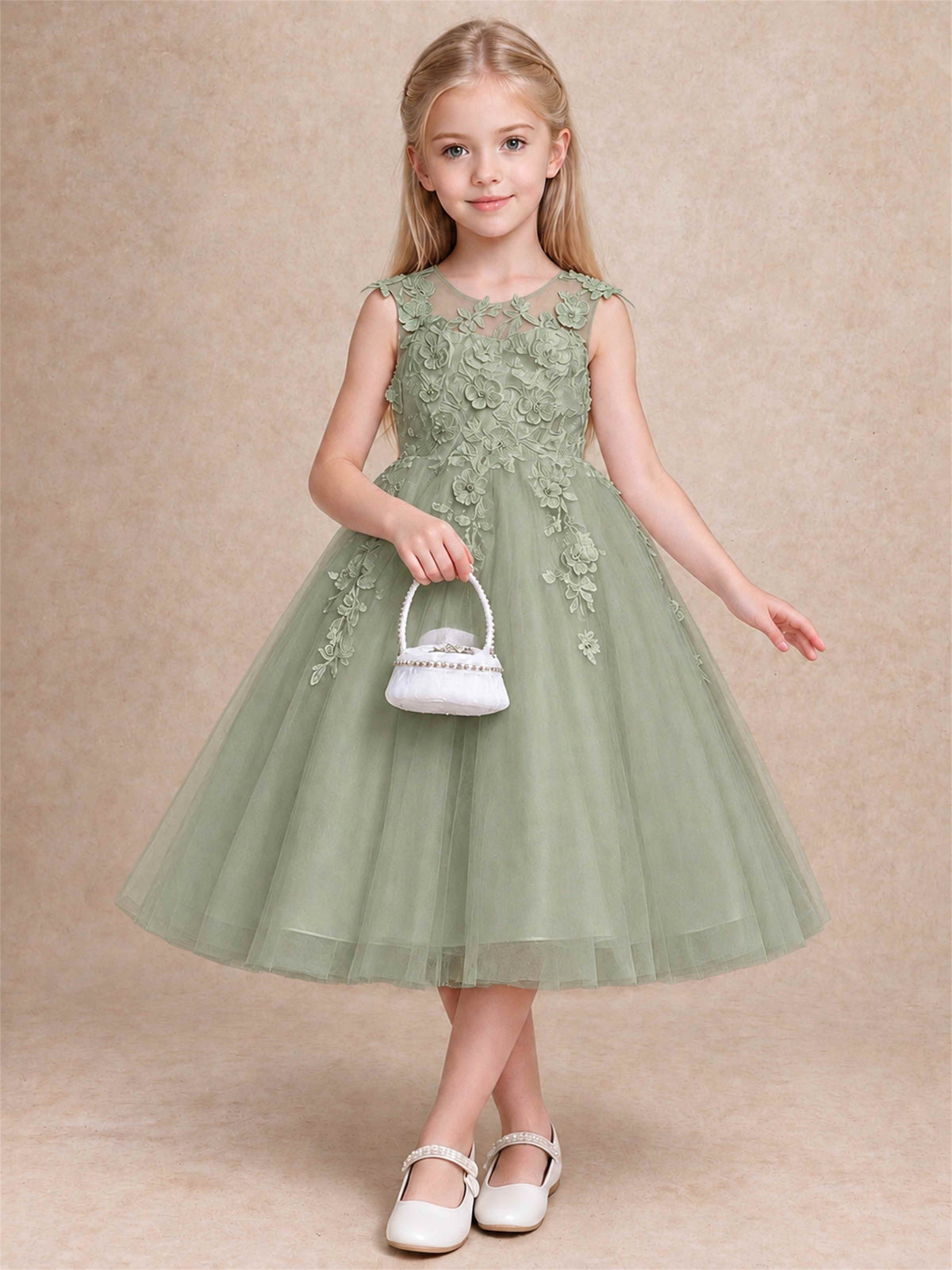 Girls 3D Floral Lace Tulle Flower Girl Dress Sleeveless Princess Gown for Wedding Birthday Party