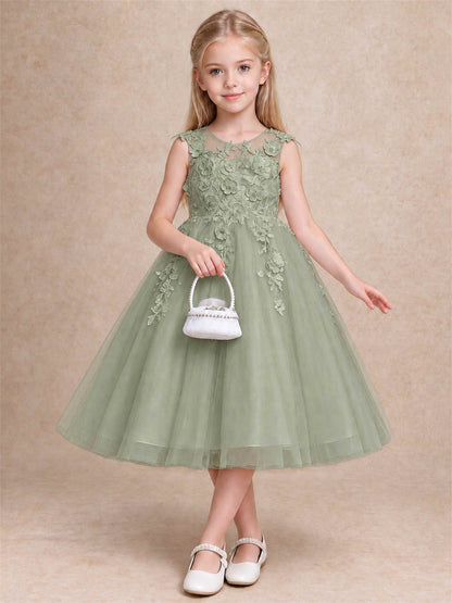 Girls 3D Floral Lace Tulle Flower Girl Dress Sleeveless Princess Gown for Wedding Birthday Party
