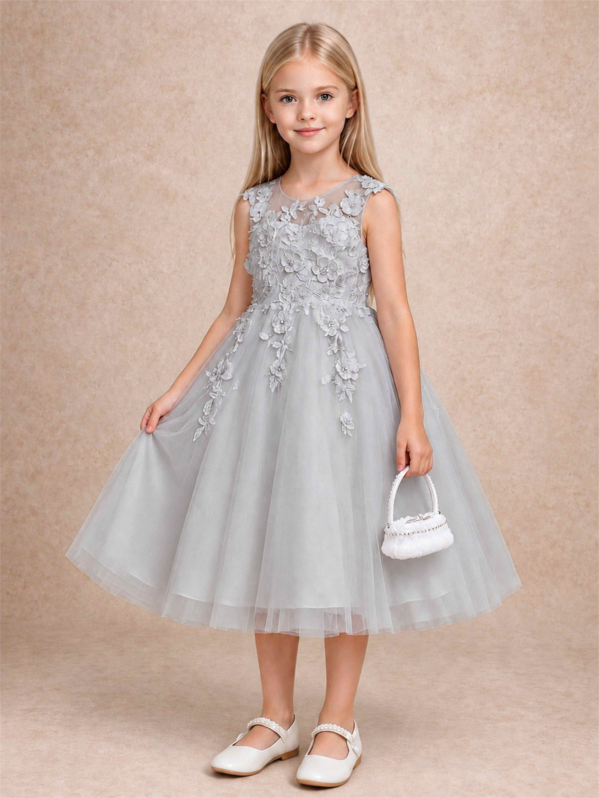 Girls 3D Floral Lace Tulle Flower Girl Dress Sleeveless Princess Gown for Wedding Birthday Party