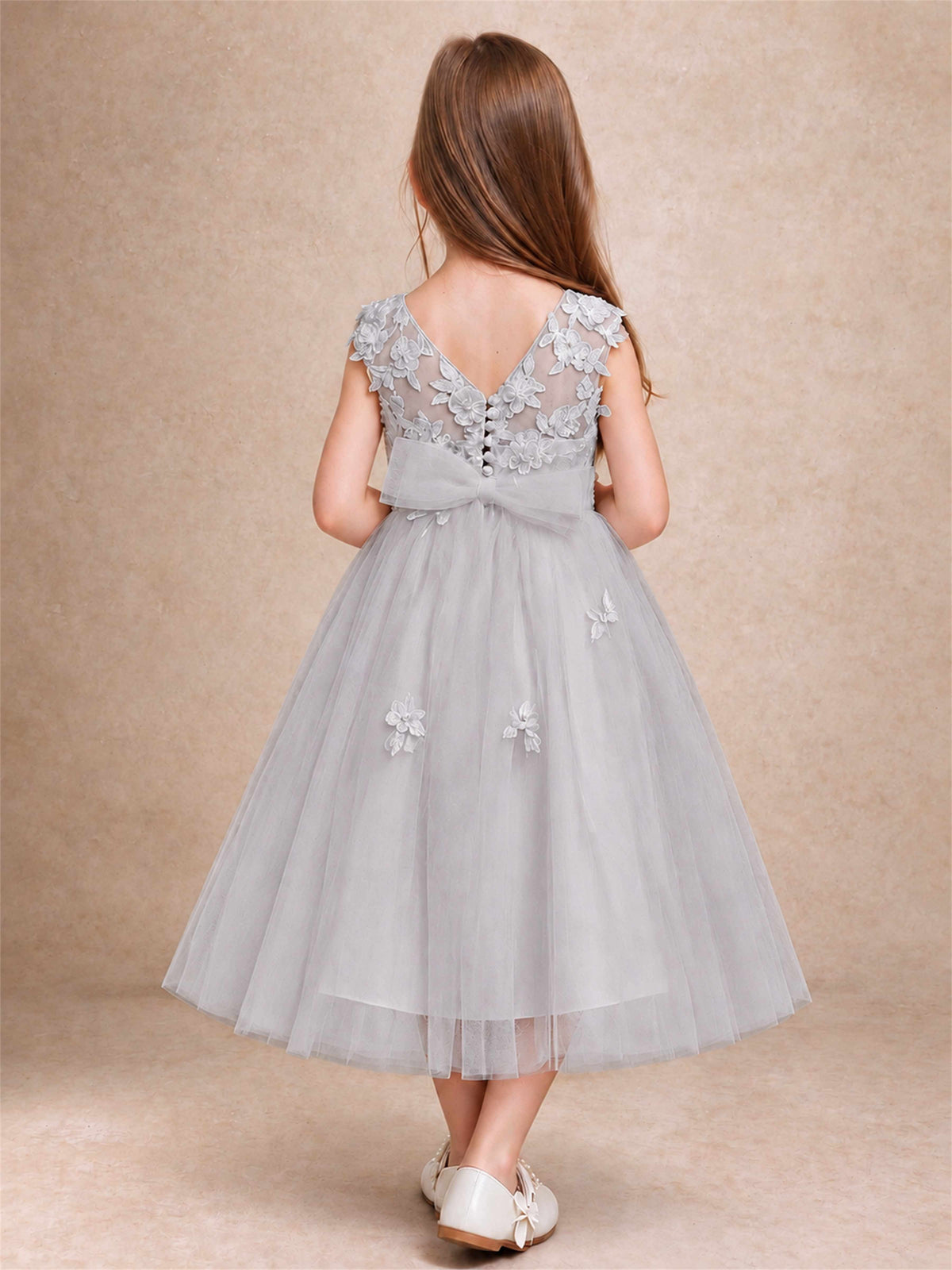 Girls 3D Floral Lace Tulle Flower Girl Dress Sleeveless Princess Gown for Wedding Birthday Party