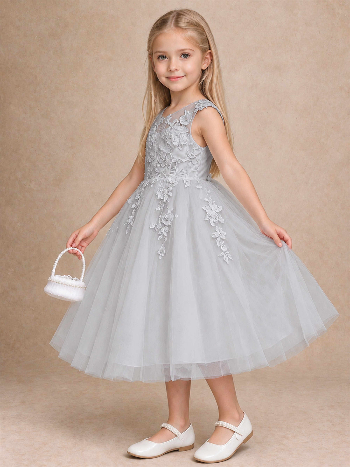 Girls 3D Floral Lace Tulle Flower Girl Dress Sleeveless Princess Gown for Wedding Birthday Party