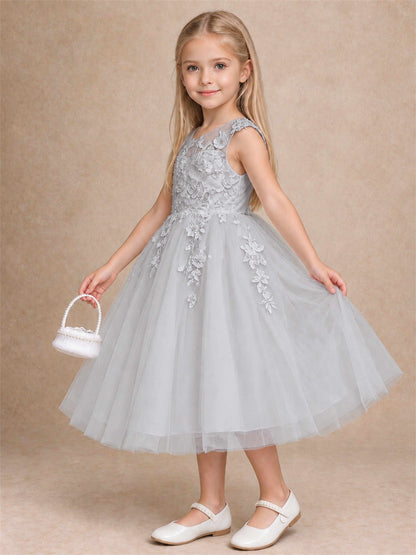Girls 3D Floral Lace Tulle Flower Girl Dress Sleeveless Princess Gown for Wedding Birthday Party