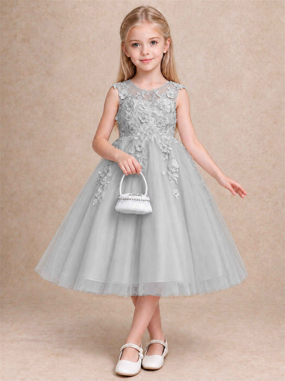 Girls 3D Floral Lace Tulle Flower Girl Dress Sleeveless Princess Gown for Wedding Birthday Party