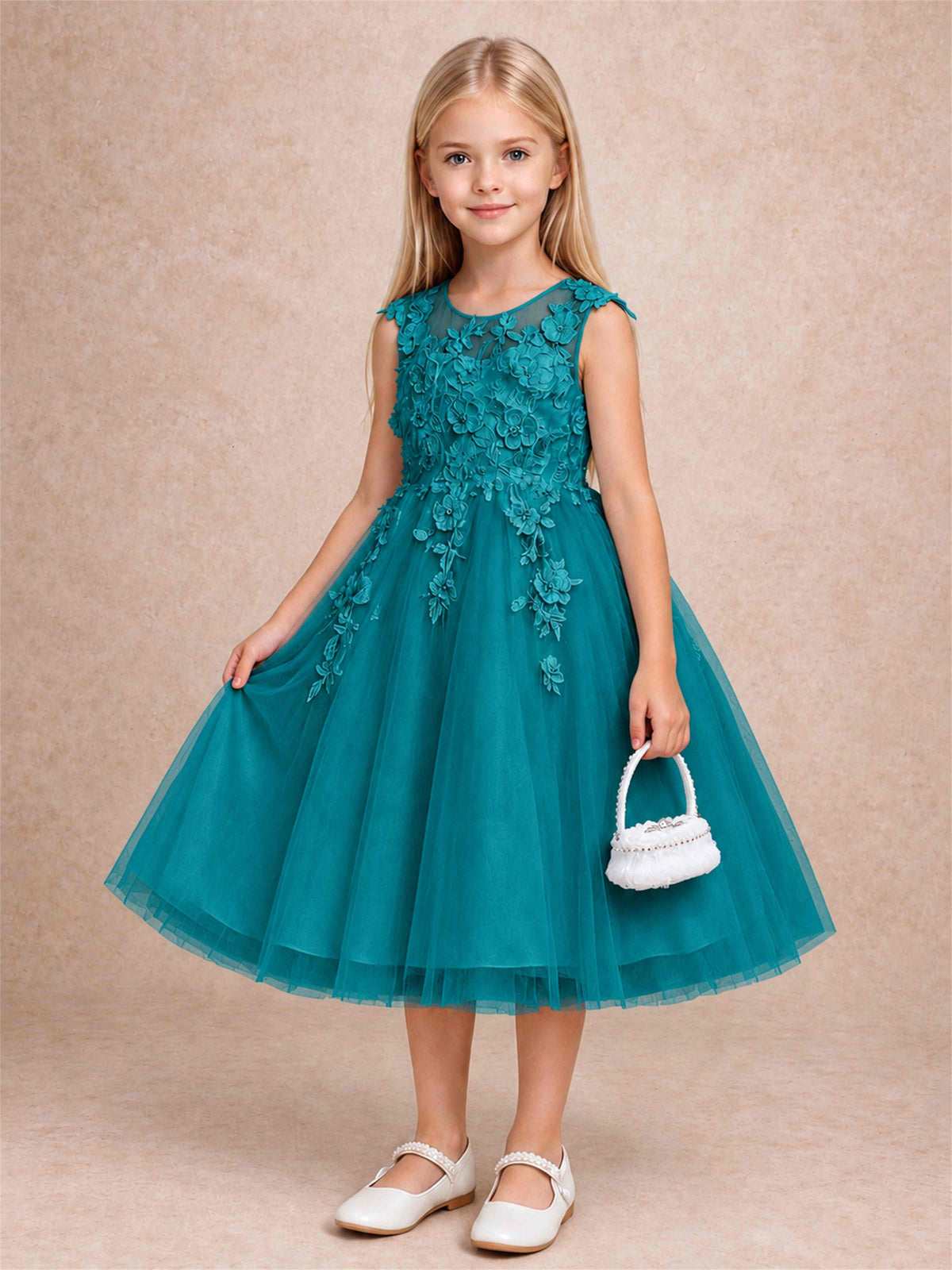 Girls 3D Floral Lace Tulle Flower Girl Dress Sleeveless Princess Gown for Wedding Birthday Party