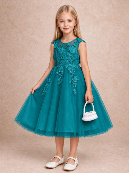 Girls 3D Floral Lace Tulle Flower Girl Dress Sleeveless Princess Gown for Wedding Birthday Party