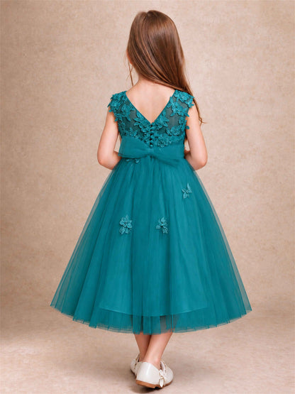 Girls 3D Floral Lace Tulle Flower Girl Dress Sleeveless Princess Gown for Wedding Birthday Party