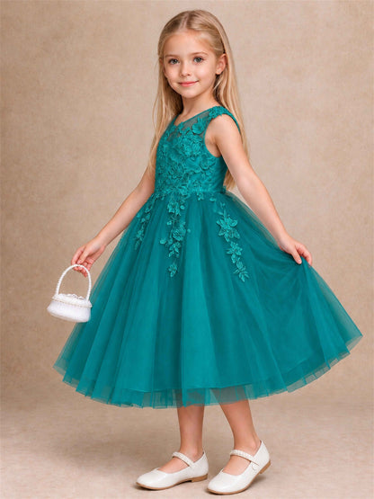 Girls 3D Floral Lace Tulle Flower Girl Dress Sleeveless Princess Gown for Wedding Birthday Party