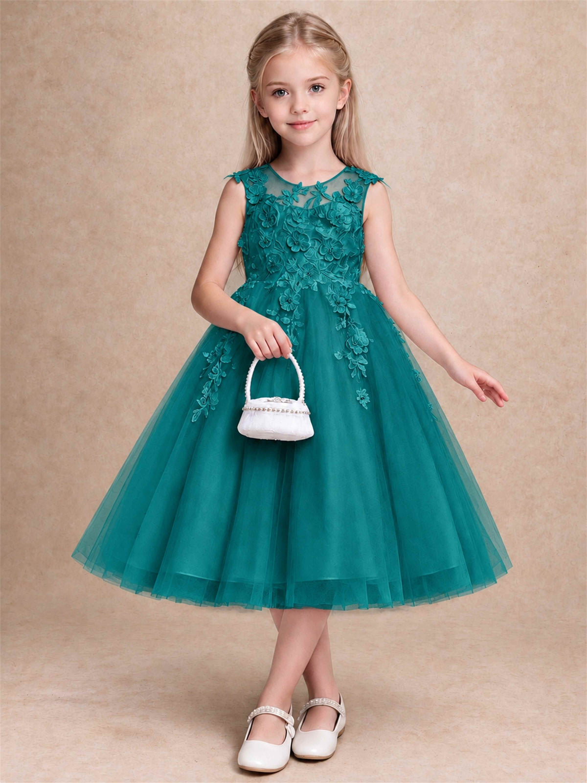 Girls 3D Floral Lace Tulle Flower Girl Dress Sleeveless Princess Gown for Wedding Birthday Party
